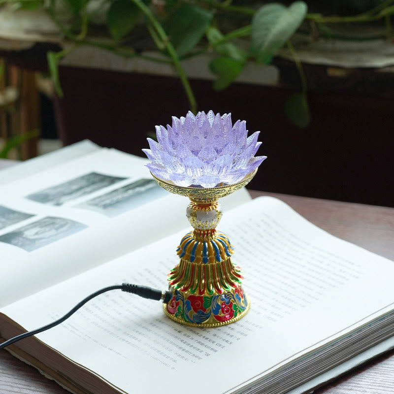 Lotus Liuli Glass Decor - purple crystal lotus flower lamp with gold enamel pedestal on open book, Buddhist decor light