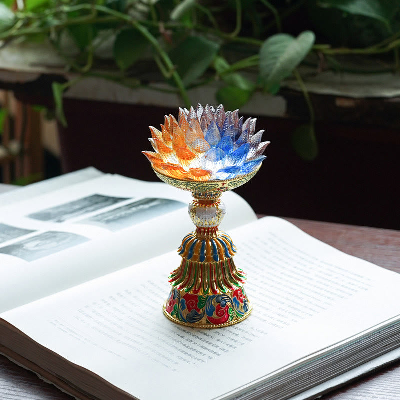Lotus Liuli Glass Decor - gradient amber to blue glass lotus candle holder with ornate gold filigree base, traditional Asian decor
