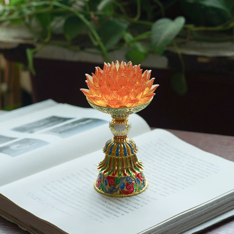 Lotus Liuli Glass Decor - pink crystal lotus candle holder with gold enamel pedestal on open book, spiritual altar decor