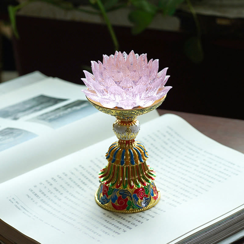 Lotus Liuli Glass Decor - cobalt blue crystal lotus sculpture on gold enamel pedestal with jade accent, Buddhist altar decor