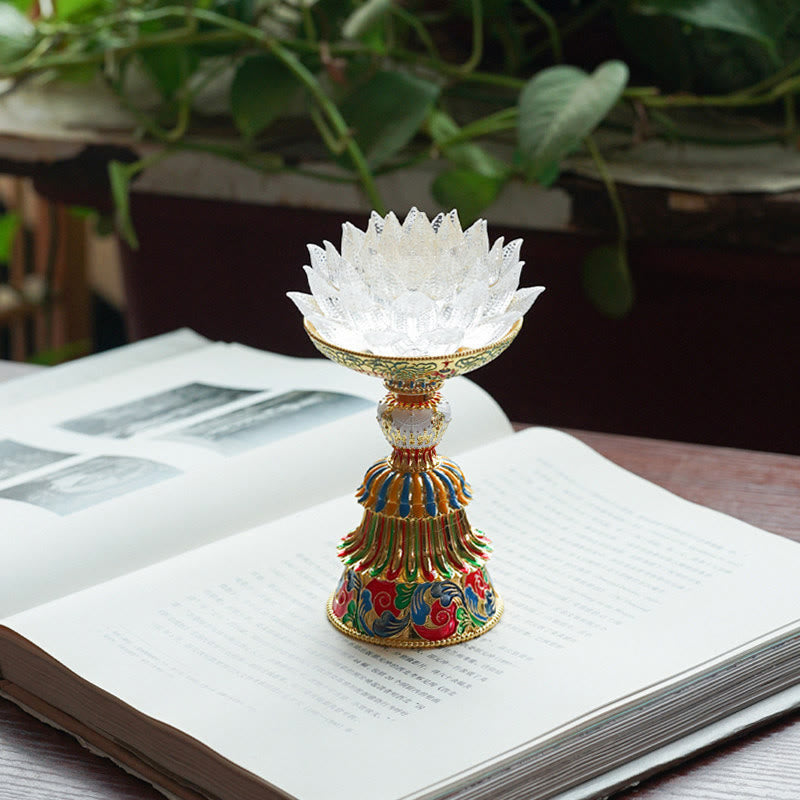 Lotus Liuli Glass Decor - LED lotus lamp with blue green crystal petals on ornate bronze pedestal, glowing night light
