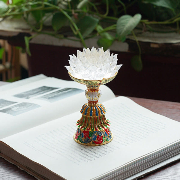 Lotus Liuli Glass Decor - LED lotus lamp with blue green crystal petals on ornate bronze pedestal, glowing night light
