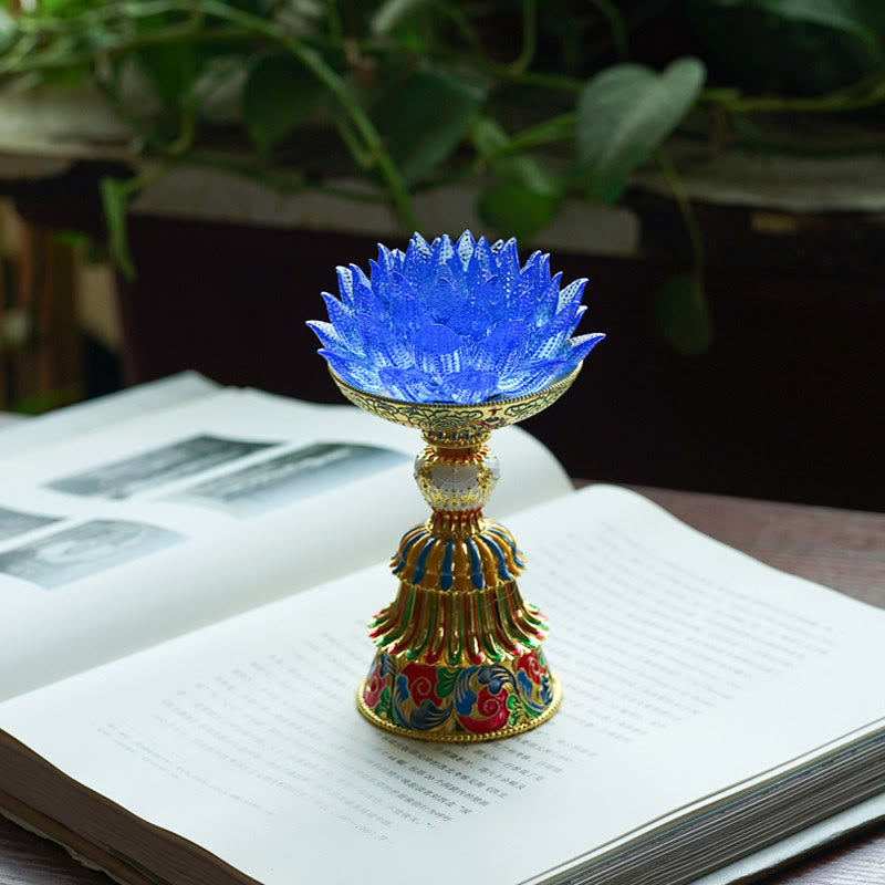 Lotus Liuli Glass Decor - illuminated blue crystal lotus flower lamp with ornate gold pedestal, electric LED night light