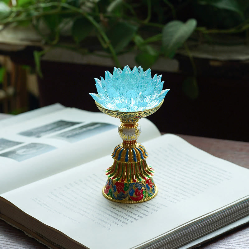 Lotus Liuli Glass Decor - illuminated green lotus flower lamp with crystal-textured petals on golden bronze pedestal, LED decor