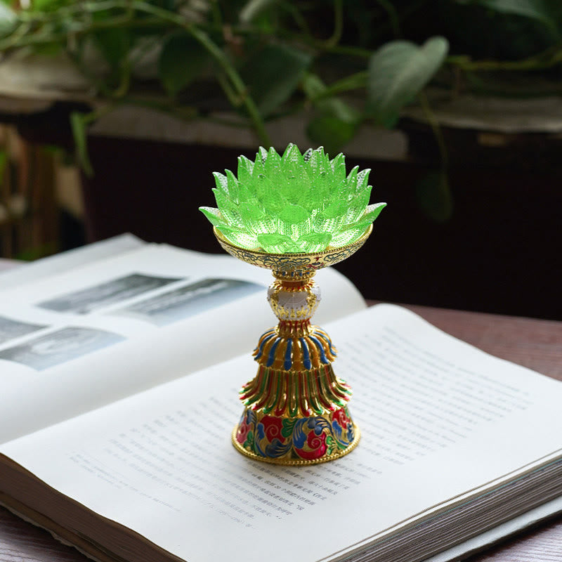 Lotus Liuli Glass Decor - purple crystal lotus candle holder with gold cloisonne enamel pedestal on open book, LED altar lamp