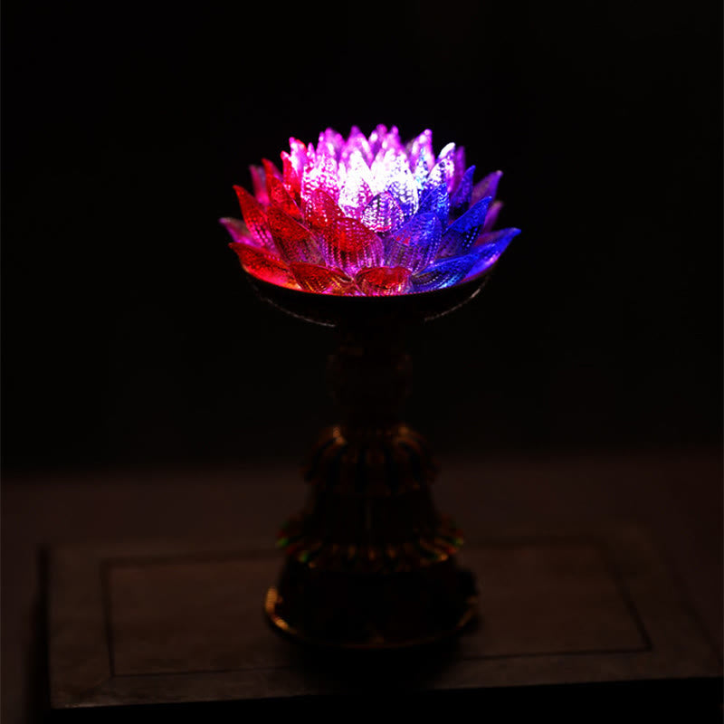 Lotus Liuli Glass Decor - LED lotus flower lamp with tricolor orange blue white crystal petals on bronze pedestal, spiritual decor