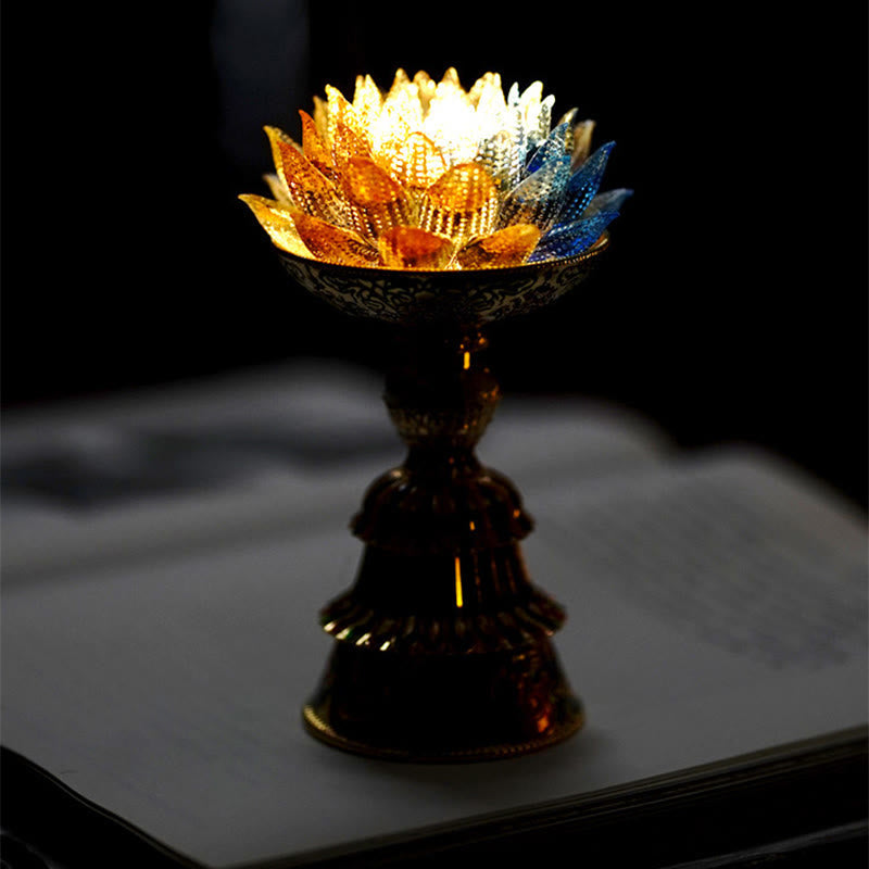 Lotus Liuli Glass Decor - iridescent glass lotus candle holder with amber blue dichroic petals on antique brass stand
