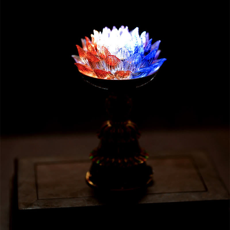 Lotus Liuli Glass Decor - illuminated lotus lamp with amber purple blue LED petals and ornate bronze base, color-changing light
