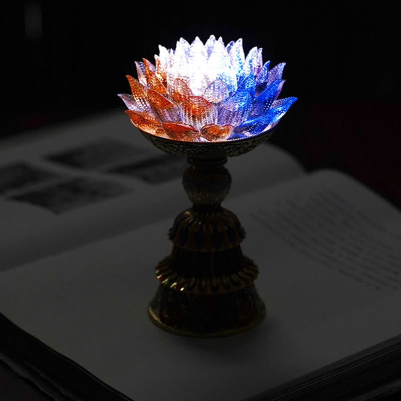 Lotus Liuli Glass Decor - gold lotus flower candle holder with colorful enamel base on open book, Buddhist altar decor