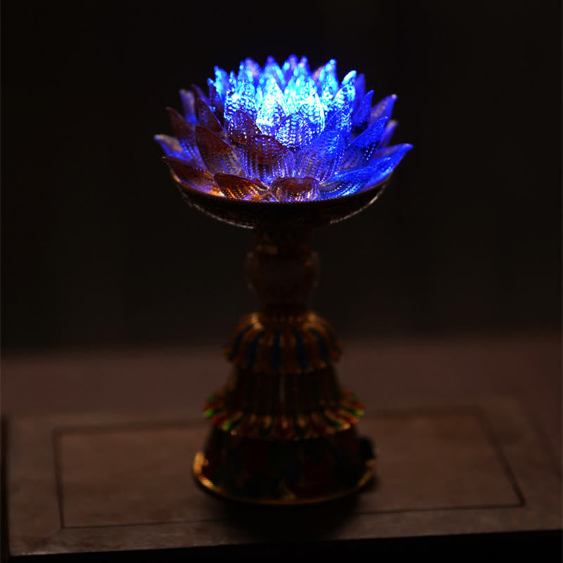 Lotus Liuli Glass Decor - green glass lotus flower offering bowl with gold cloisonne base on open book, Buddhist altar decor