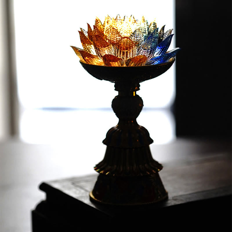 Lotus Liuli Glass Decor - glowing amber glass lotus flower lamp with antique bronze base, dark meditation space ambient light