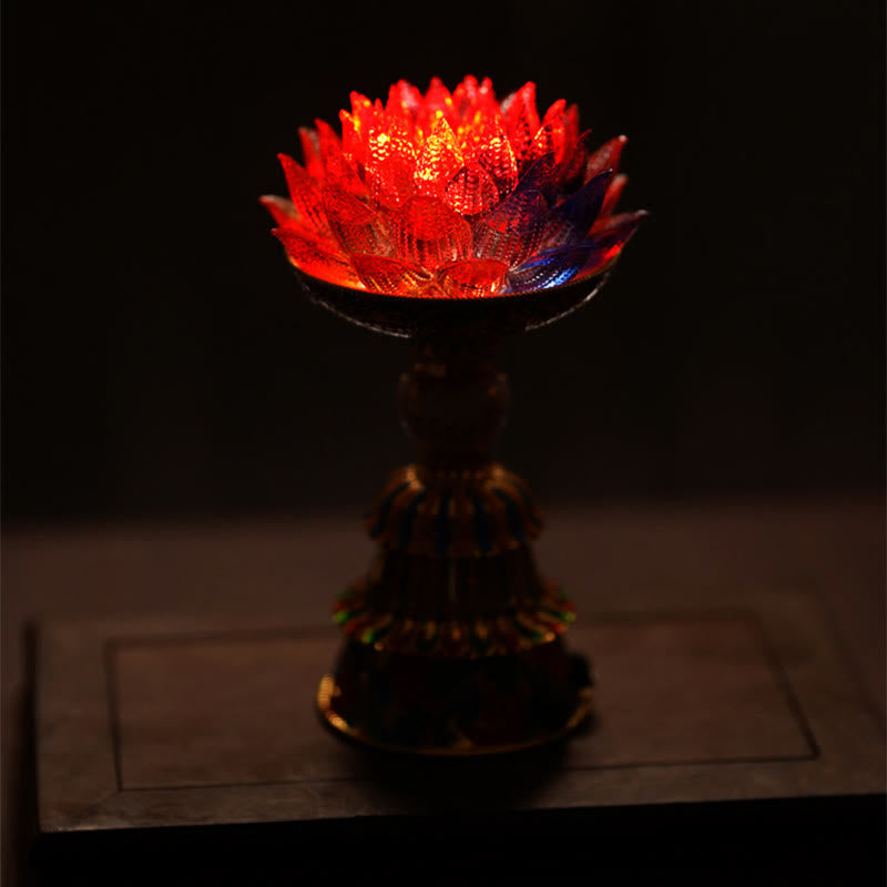 Lotus Liuli Glass Decor - clear crystal lotus flower candle holder with colorful cloisonne enamel base on open book