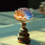 Lotus Liuli Glass Decor - multicolor gradient crystal lotus bloom with amber blue petals on cloisonne enamel pedestal, natural daylight