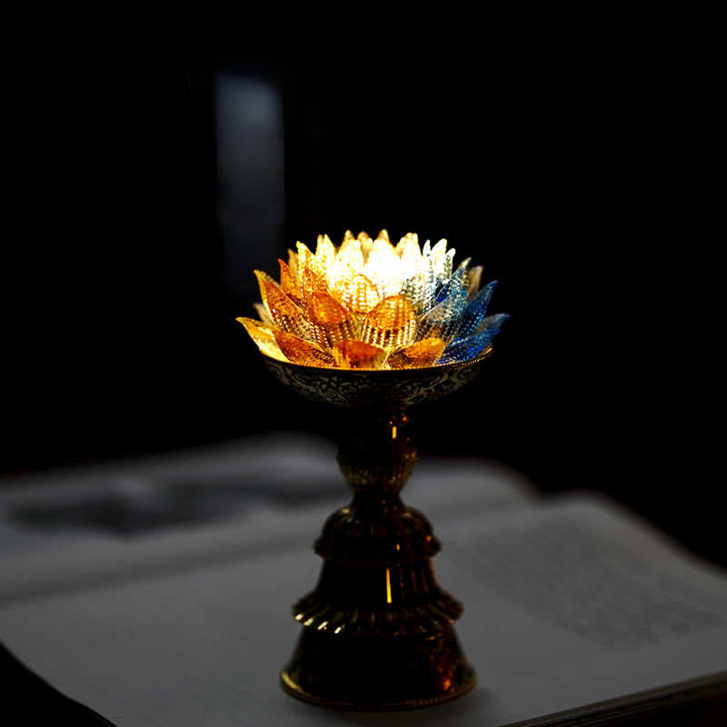 Lotus Liuli Glass Decor - illuminated crystal lotus lamp with gold-plated pedestal, amber blue glass petals with filigree, dramatic lighting