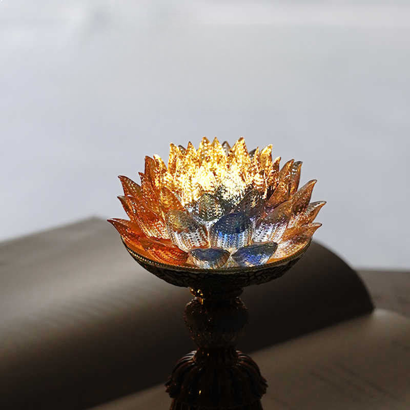 Lotus Liuli Glass Decor - illuminated crystal lotus with red blue gradient petals on ornate bronze pedestal, LED altar decor