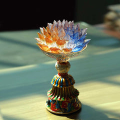 Lotus Liuli Glass Decor - multicolor gradient crystal lotus bloom with amber blue petals on cloisonne enamel pedestal, natural daylight