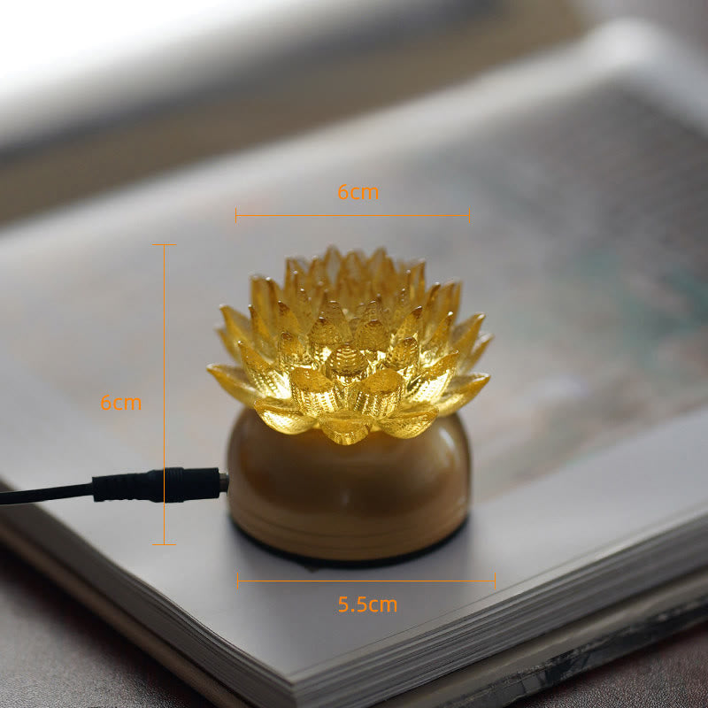 Lotus Liuli Lamp – golden petals on pale wood base with USB cable, lotus lamp