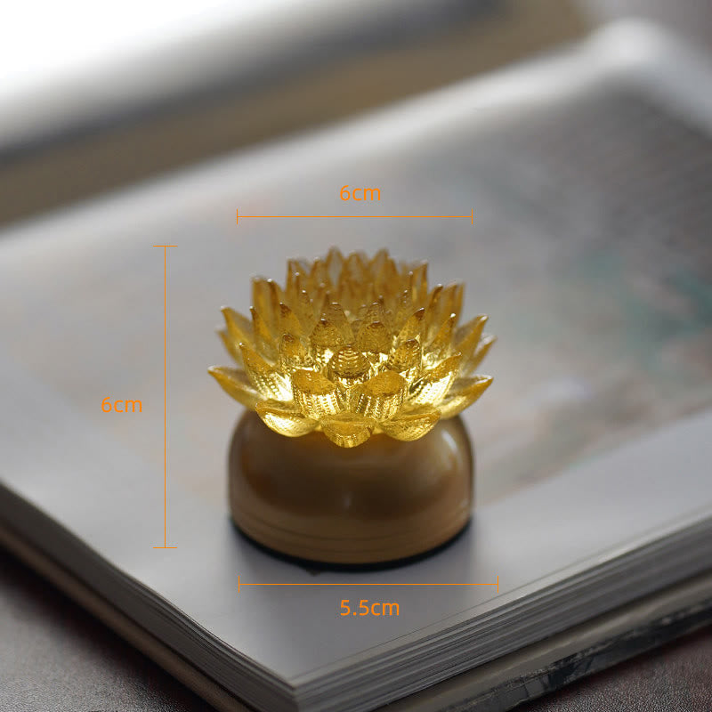 Lotus Liuli Lamp – sunlit golden lotus on light wood base, liuli glass decor