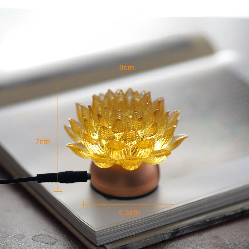 Lotus Liuli Lamp – larger amber bloom on wood base with cable, liuli lotus light
