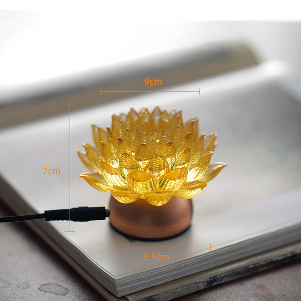 Lotus Liuli Lamp – larger amber bloom on wood base with cable, liuli lotus light