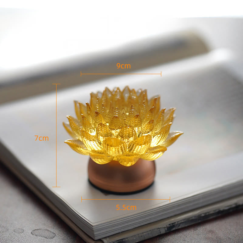 Lotus Liuli Lamp – golden lotus on dark walnut wood base, liuli glass decoration