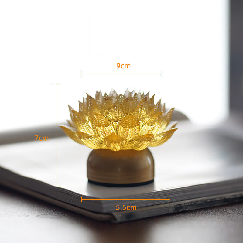 Lotus Liuli Lamp – front view of amber lotus on bronze base, liuli glass decoration