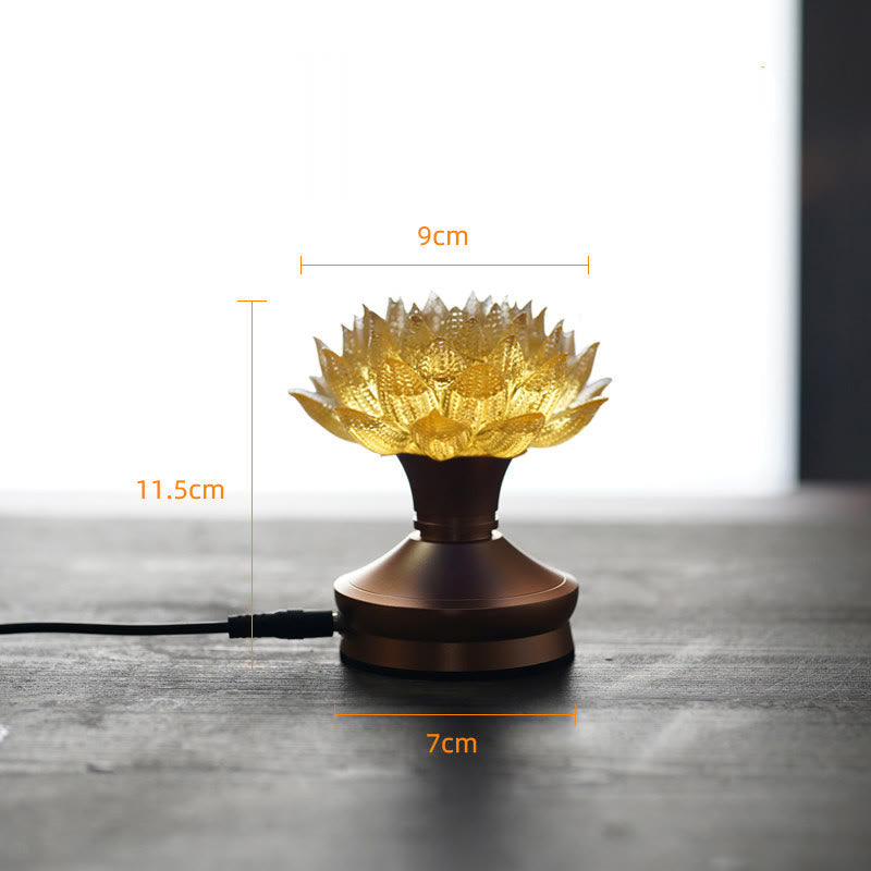 Lotus Liuli Lamp – amber bloom on bronze pedestal base, liuli lotus decoration