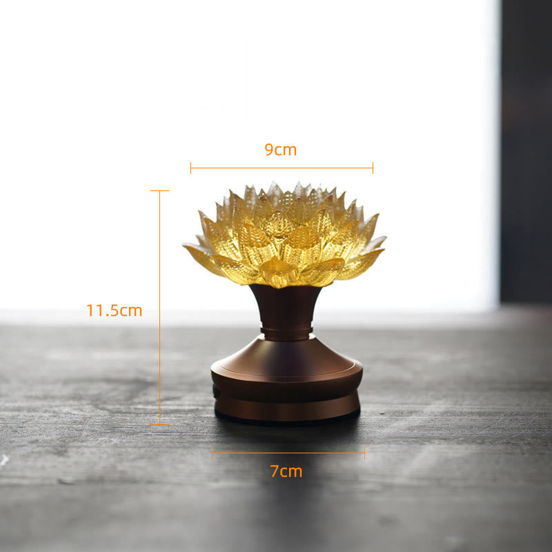 Lotus Liuli Lamp – tall lotus lamp on bronze pedestal with warm glow, liuli glass
