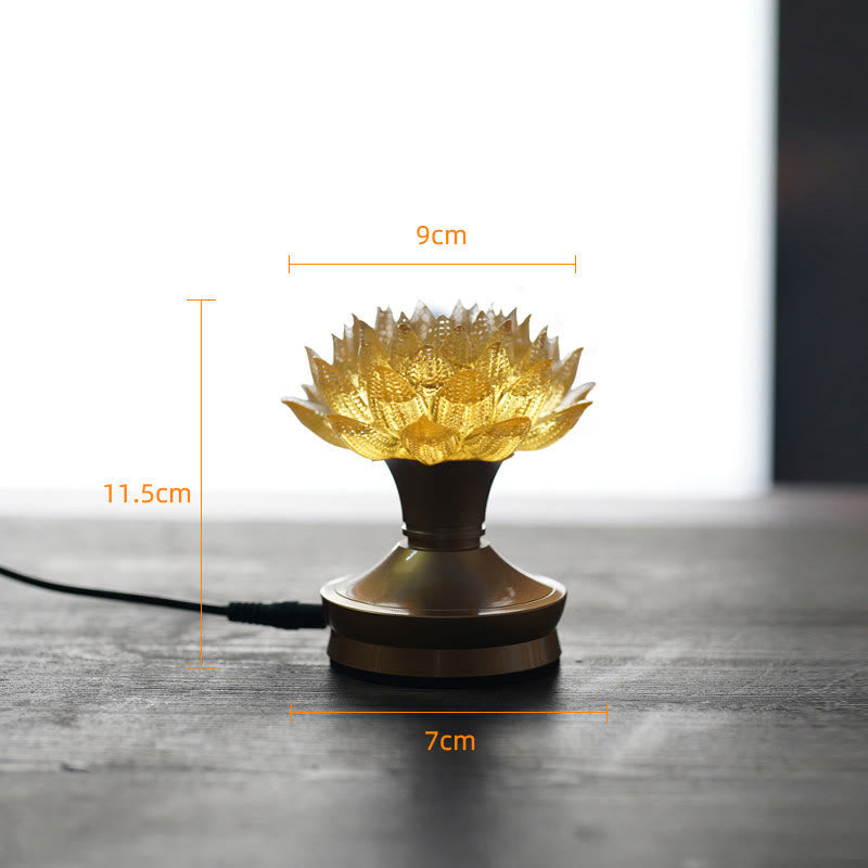Lotus Liuli Lamp – golden lotus on bronze base on dark wood, liuli decoration