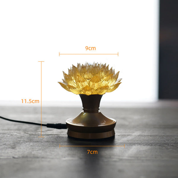 Lotus Liuli Lamp – golden lotus on bronze base on dark wood, liuli decoration