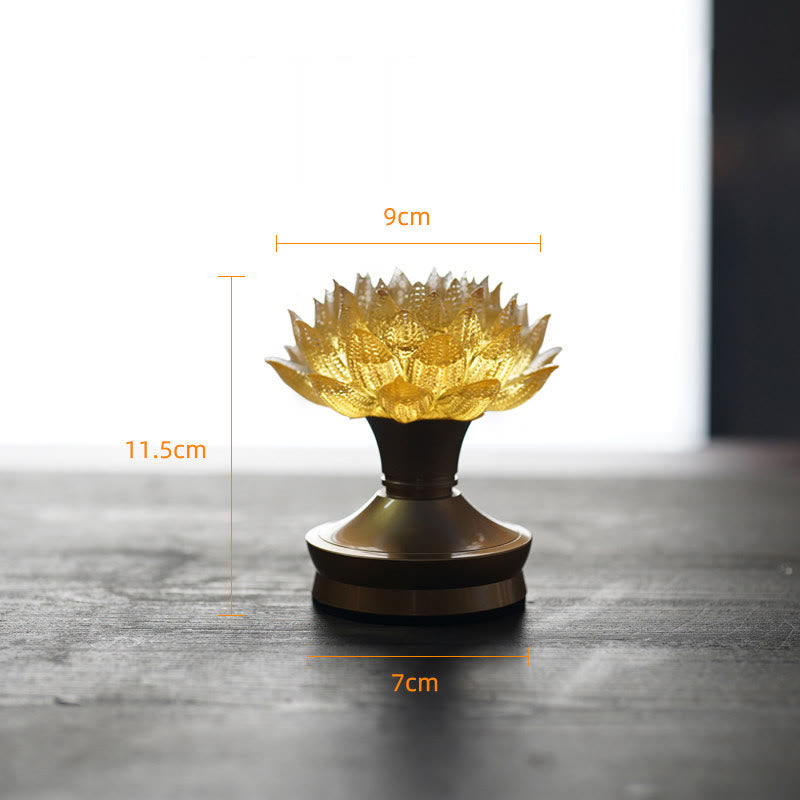 Lotus Liuli Lamp – frontal view of amber lotus on bronze pedestal, liuli lotus