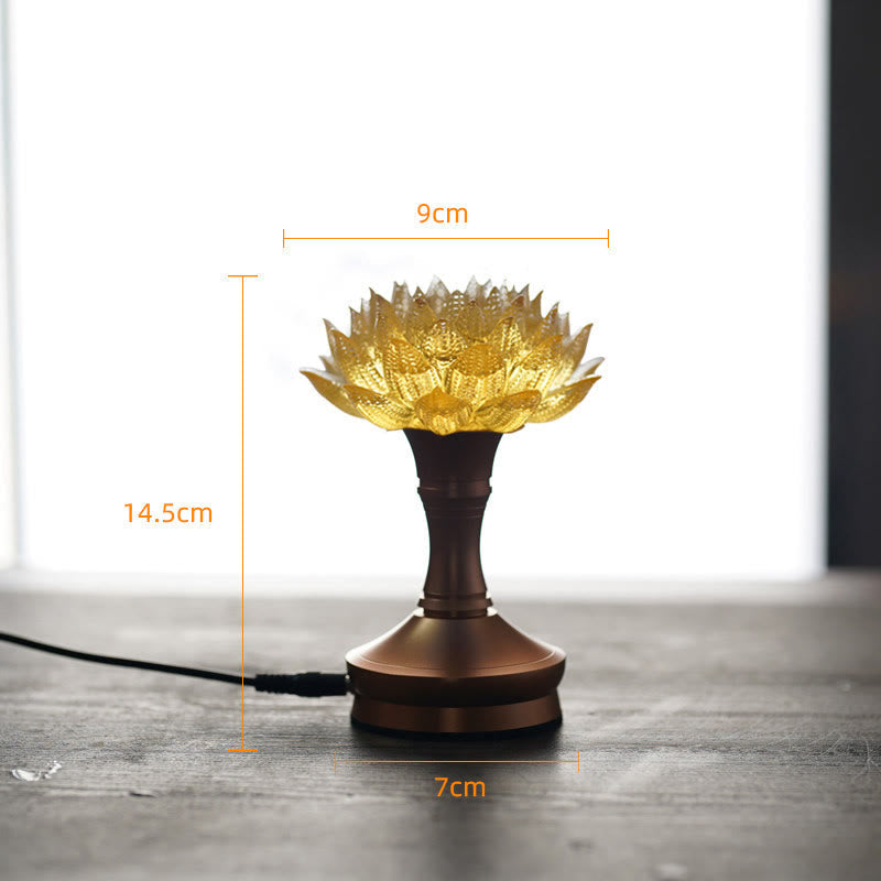 Lotus Liuli Lamp – tall golden lotus on bronze stem at 14.5cm, liuli glass