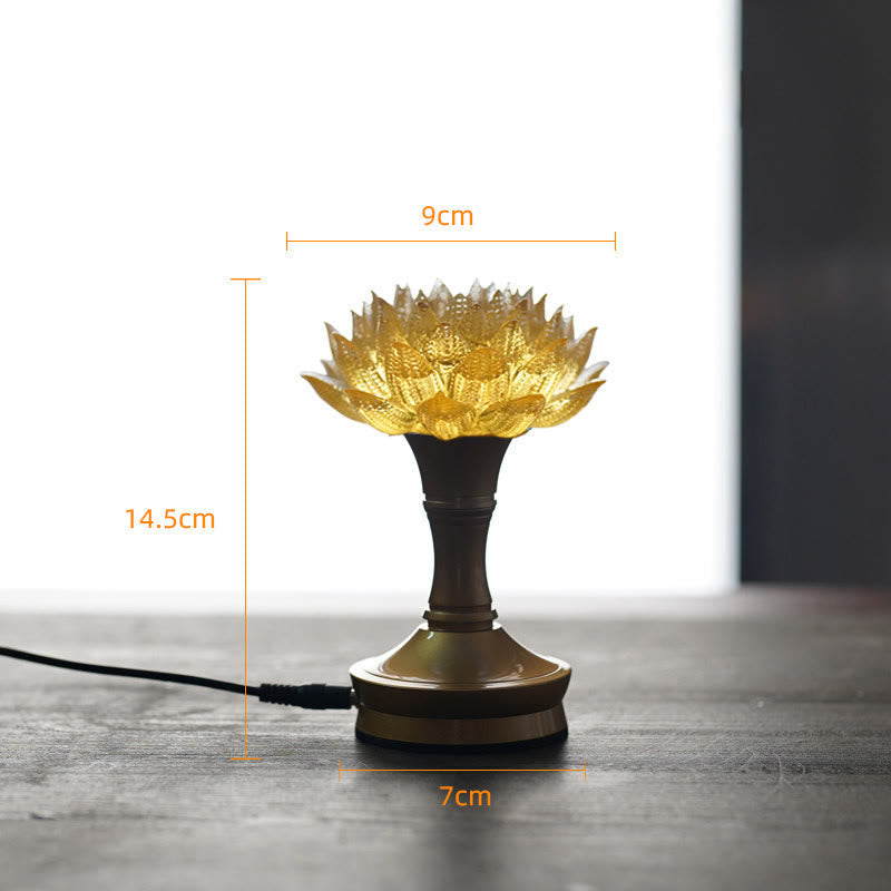 Lotus Liuli Lamp – tall amber lotus with power cord on bronze base, liuli decor