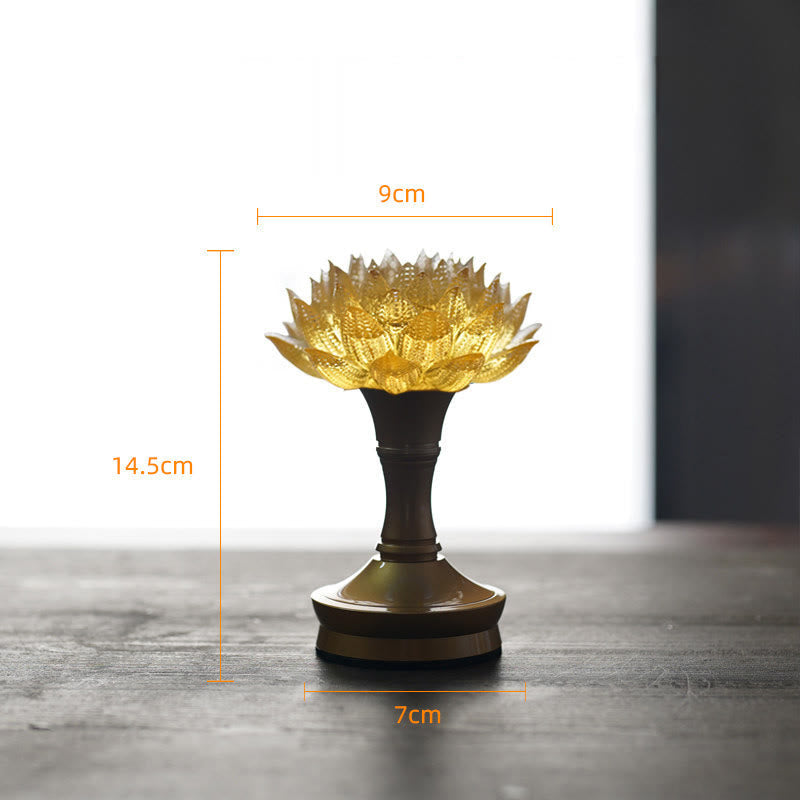 Lotus Liuli Lamp – translucent golden petals on tall bronze pedestal, liuli lotus