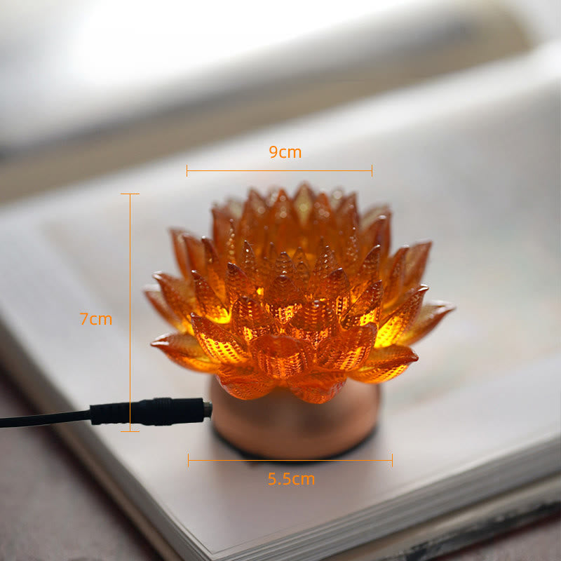 Lotus Liuli Lamp – glowing amber lotus on bronze base with USB cord, lotus lamp