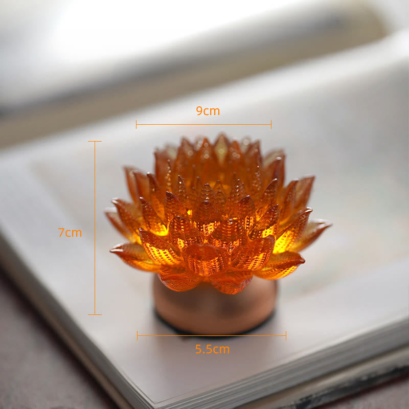 Lotus Liuli Lamp – detailed petal texture on amber bloom with wood base, liuli glass