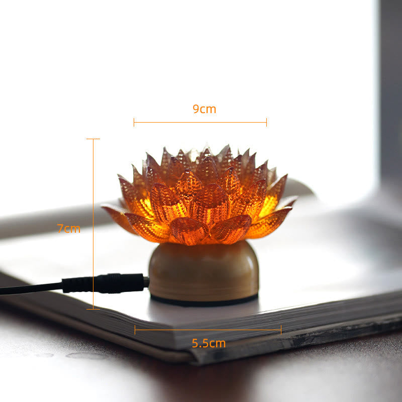 Lotus Liuli Lamp – backlit amber lotus with wood base near window, lotus decor