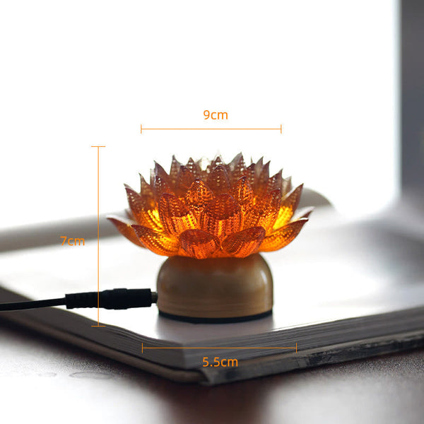 Lotus Liuli Lamp – backlit amber lotus with wood base near window, lotus decor