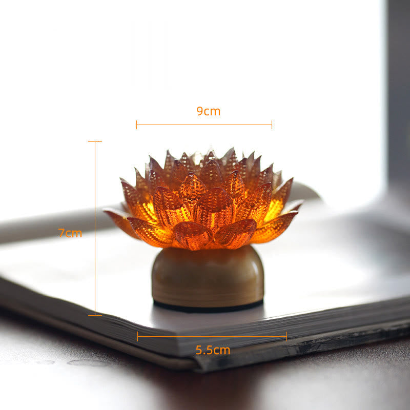 Lotus Liuli Lamp – sunlit golden petals on wood base with warm glow, liuli glass