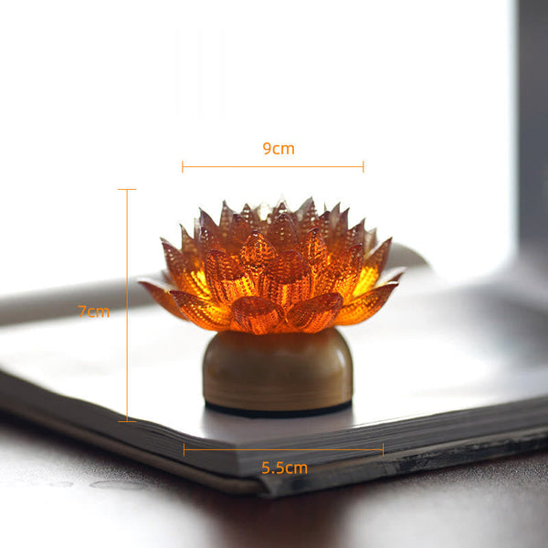 Lotus Liuli Lamp – sunlit golden petals on wood base with warm glow, liuli glass