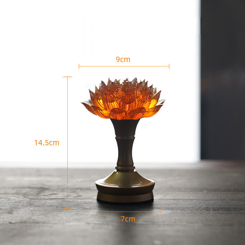 Lotus Liuli Lamp – dotted perforations on amber petals with bronze base, liuli lotus