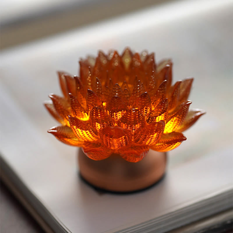 Lotus Liuli Lamp – amber bloom on matte base with power cable, lotus glass light