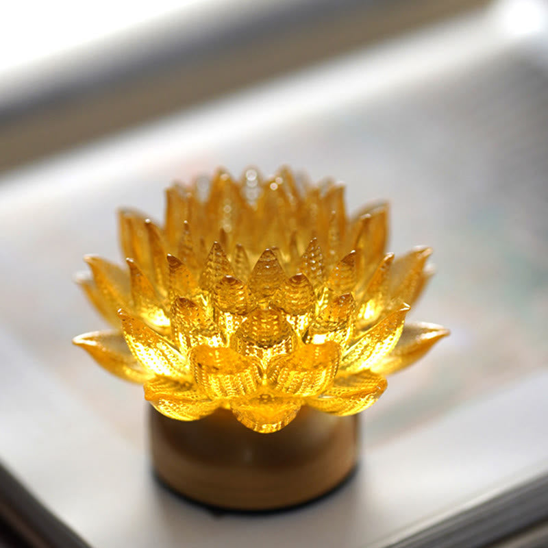 Lotus Liuli Lamp – amber lit lotus on natural wood base near window, liuli decor