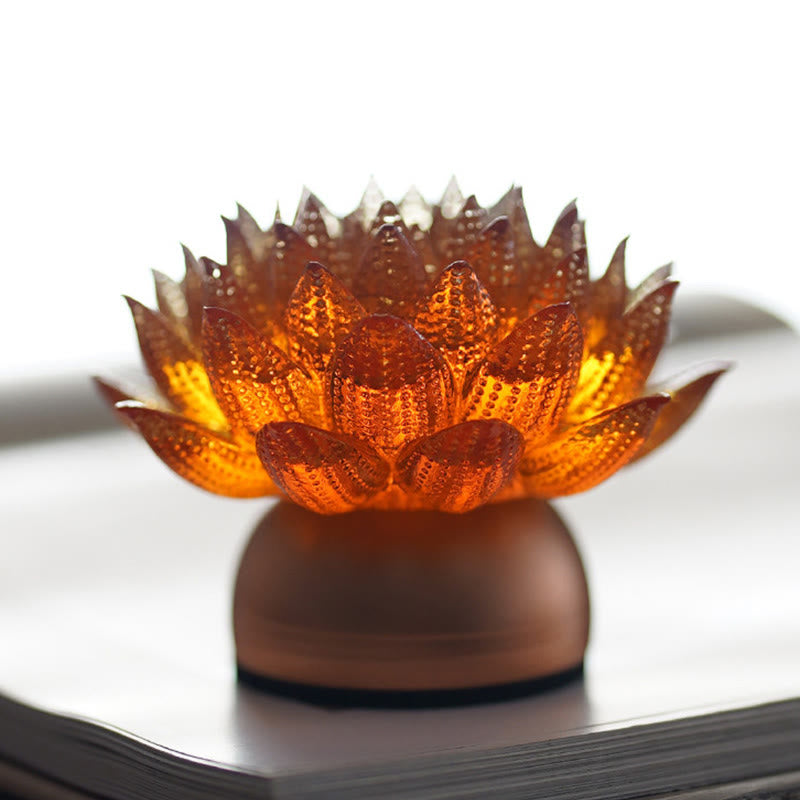 Lotus Liuli Lamp – close-up of translucent amber petals glowing warmly, liuli lotus