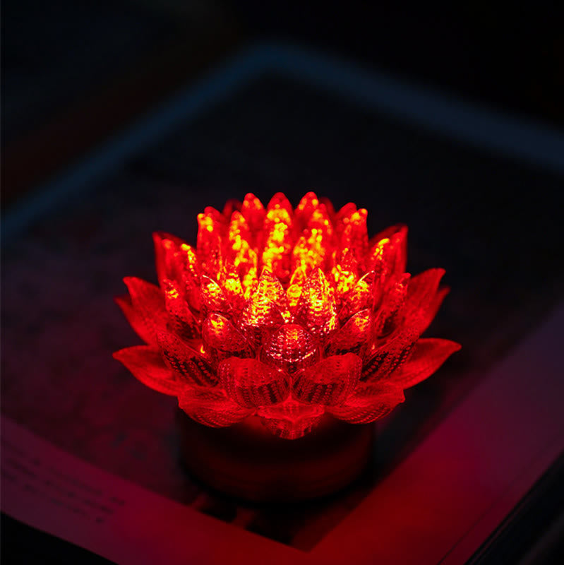 Lotus Liuli Lamp – deep crimson bloom glowing on dark surface, red lotus light
