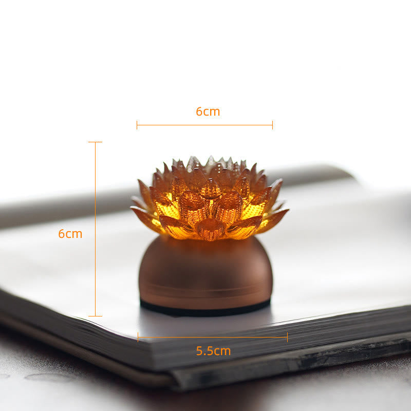Lotus Liuli Lamp – warm glow through honey-toned petals on rounded base, liuli lotus