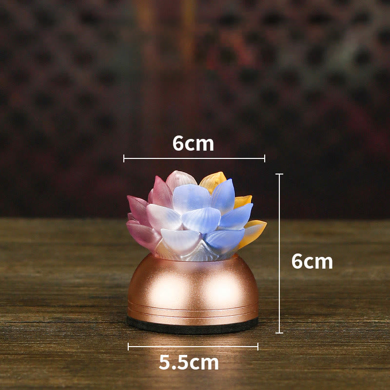 Multi-color rainbow lotus decoration with copper base and measurements, liuli art