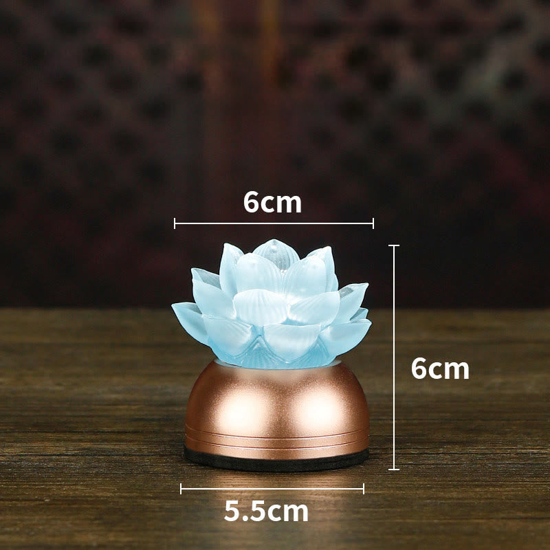Aqua blue lotus decoration with copper base and size specs, liuli glass lotus