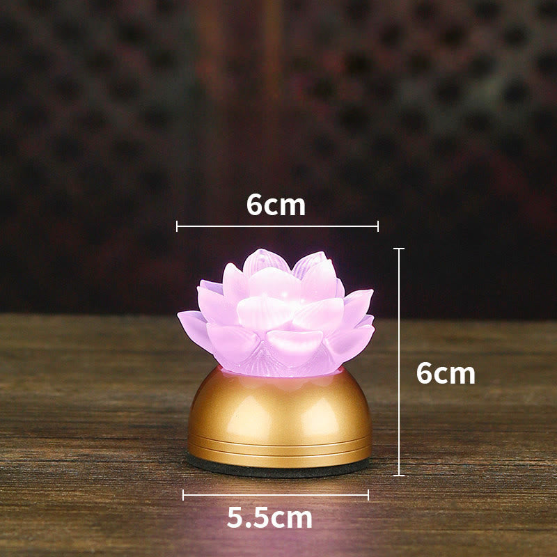 Pink illuminated lotus LED lamp with gold base and measurements, liuli night light