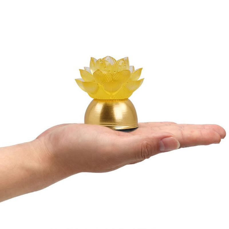Lotus liuli glass copper decoration resting on open palm, liuli lotus gift